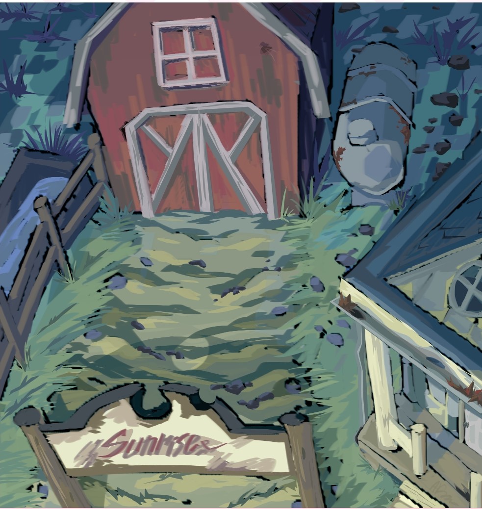 Concept art for a game that takes place on a decrepit farm. June 2023. 2/3